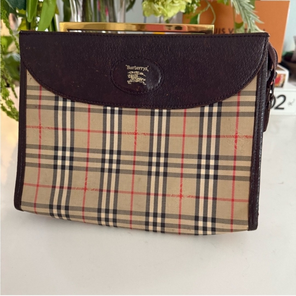 'BURBERRYS' LEATHER CLUTCH BAG SIGNATURE NOVACHECK TOP-ZIP VINTAGE
